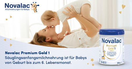 Mutter und Baby. Dose Novalac Premium Gold 1. Text: Säuglingsanfangsmilchnahrung ist für Babys von Geburt bis zum 6. Lebensmonat.